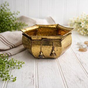 Brass Hammered Bowl Decorative Planter Tassel Rope Accent Chinoiserie Home Decor